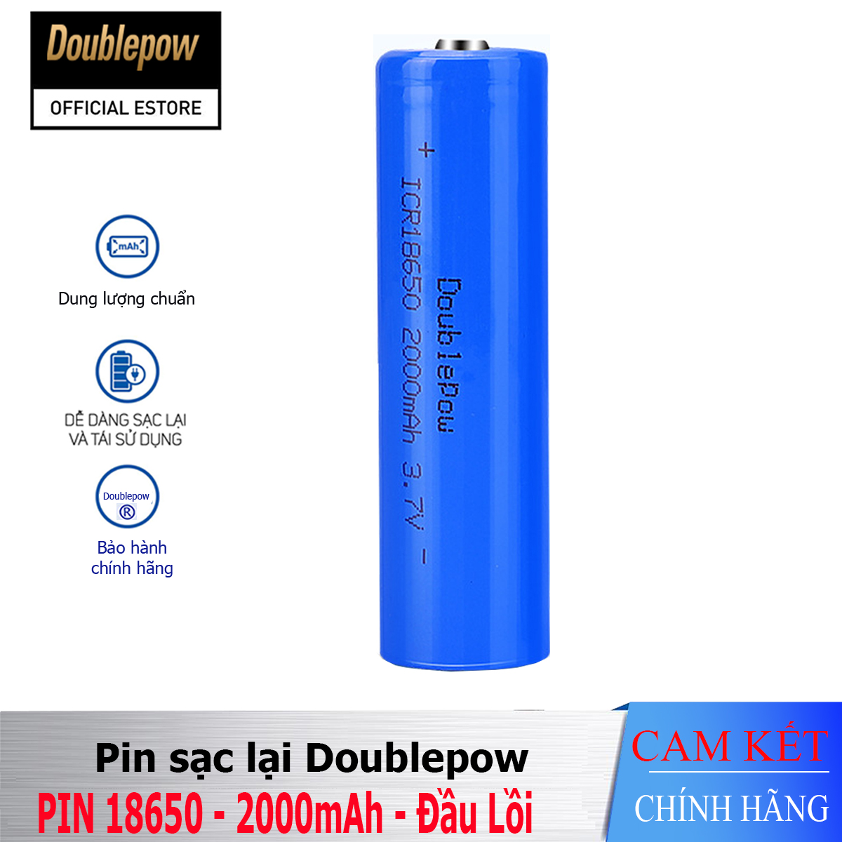 Pin sạc Lithium 18650 - 2000mAh đầu lồi Doublepow, pin dung lượng thực