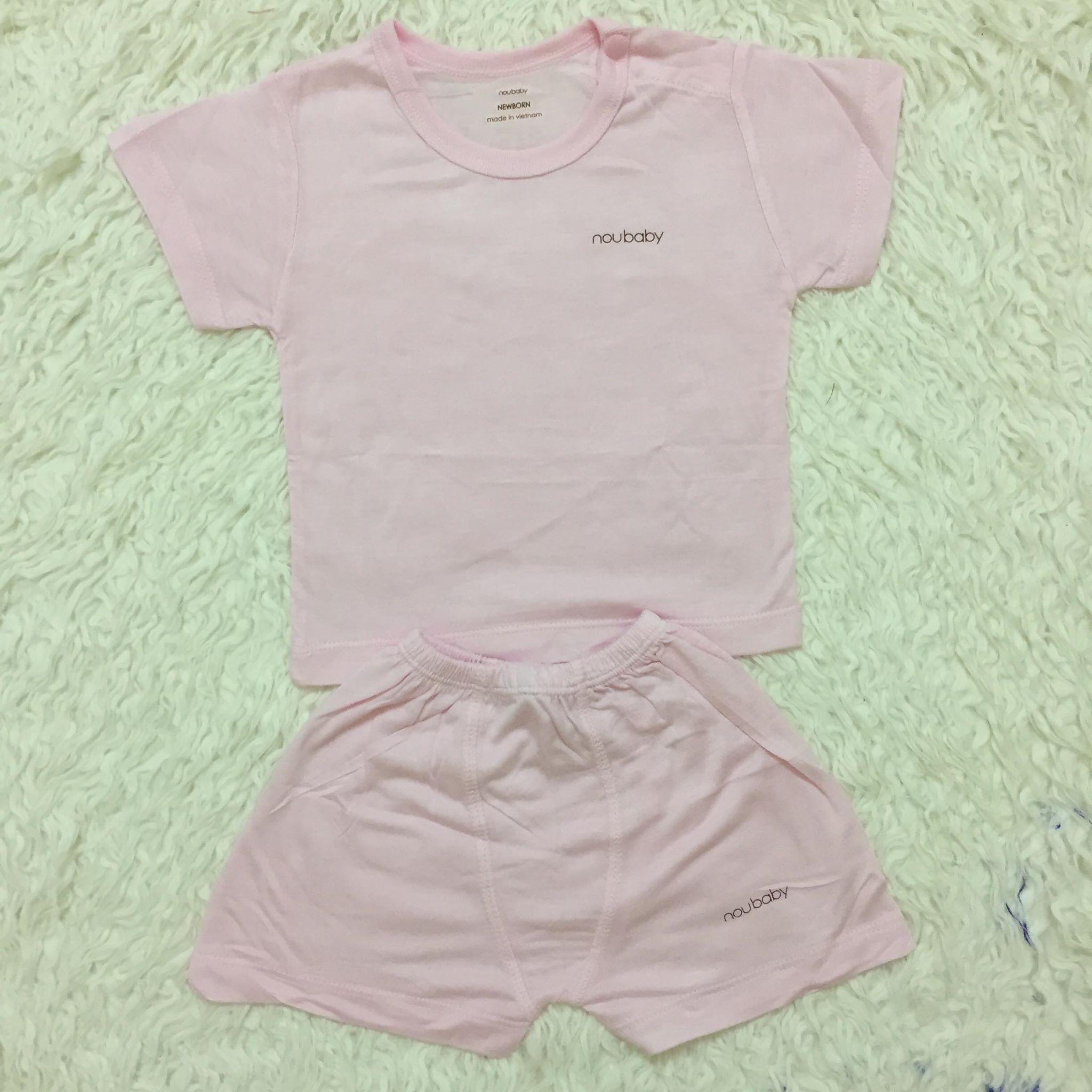 Bộ quần áo noubaby cộc tay cúc cài vai màu hồng