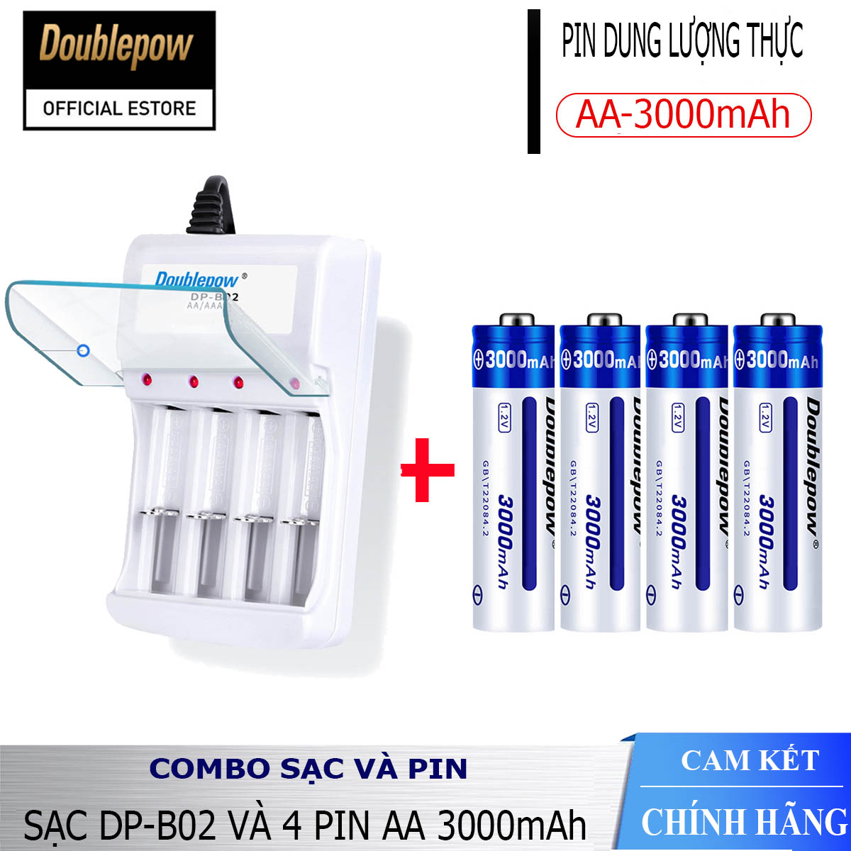 Combo sạc pin tiểu aa aaa dp-b02 và hộp 4 viên pin aa 3000mah doublepow - hàng chính hãng