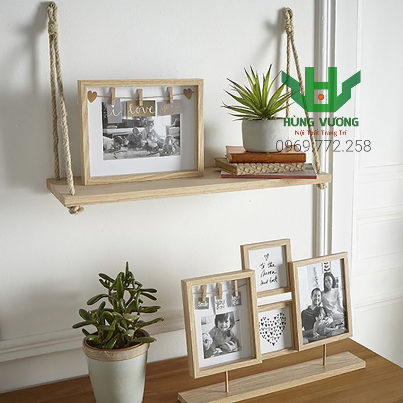 Kệ Gỗ Dây Thừng Trang Trí Treo Tường (Gỗ Thông Tự Nhiên & Có Kèm Dây Thừng, Vít Khoen Tròn) retro, vintage, Hùng Vương
