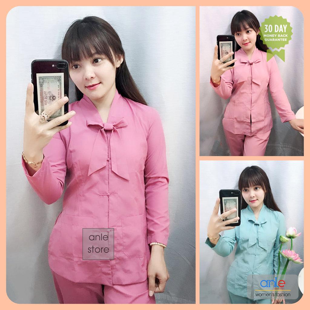 Đồ lam đi chùa Bộ La Hán Nơ Nữ, Bộ đồ đi chùa Dài tay Vải Kate Cotton Thoáng mát, Đồ bộ đi chùa Áo lam phật tử Thanh lịch Thắt Nơ kín đáo - BLHN1AN (Nhiều màu) - Anle Store