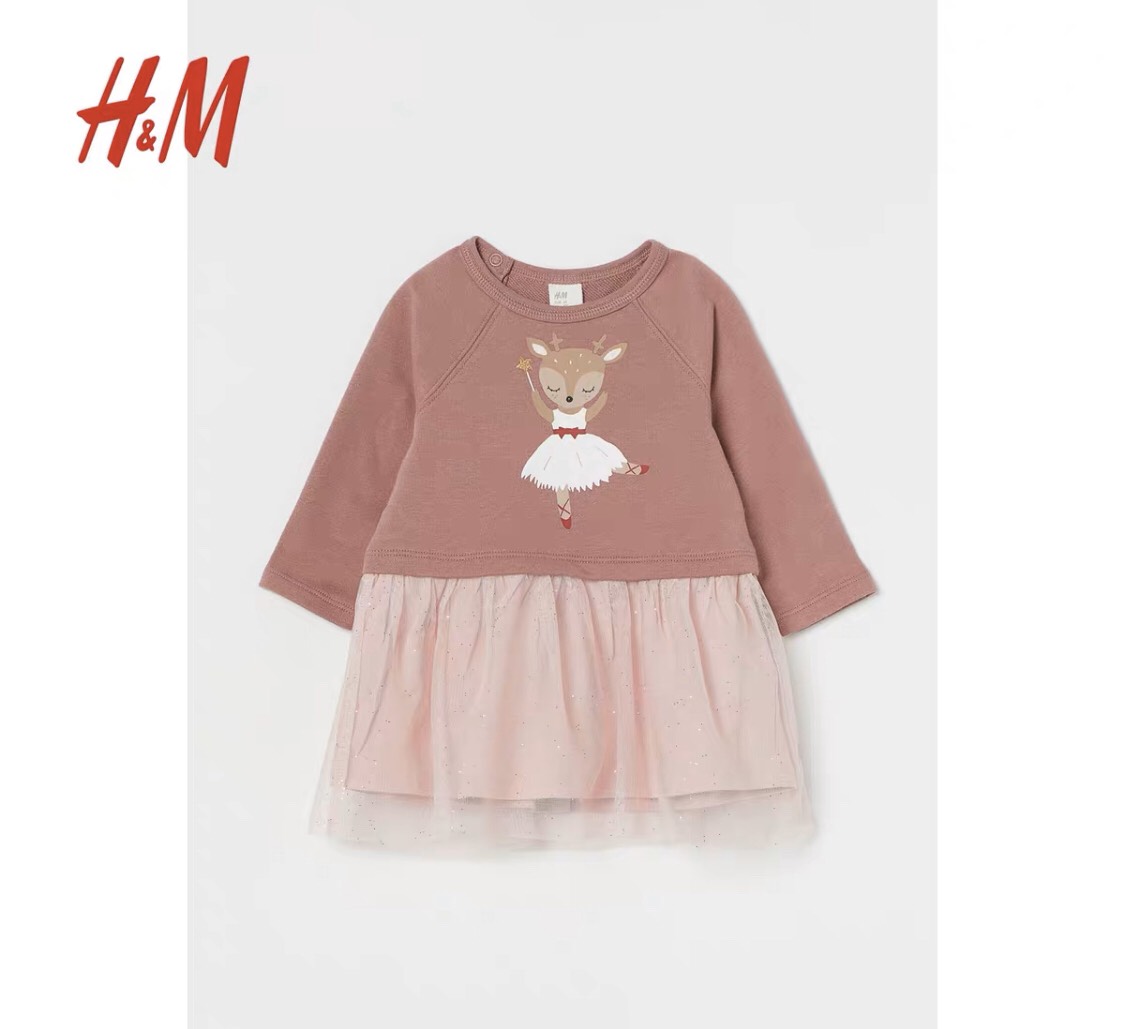 Váy nỉ H&M chân voan, hình tuần lộc múa cho bé gái 1-6 tuổi