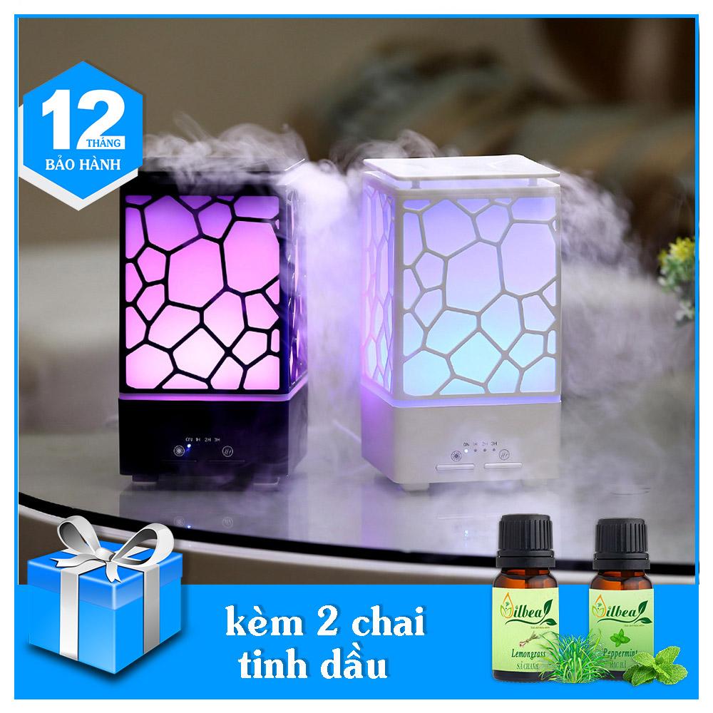 Máy xông tinh dầu khuếch tán hình lập phương tặng kèm 2 chai tinh dầu 10ml