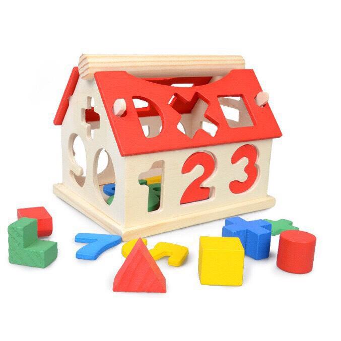 Nhà thả hình khối số giúp bé tư duy phân biệt hình dạng màu sắc - Đồ chơi gỗ Montessori - Smart Baby- dochoigo012