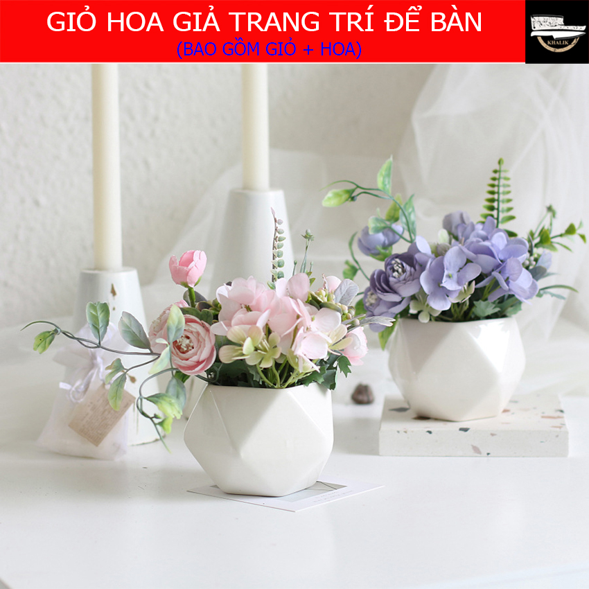 Lọ Hoa giả trang trí để bàn, hoa cẩm tú cầu, chậu bằng sứ - HF003  (nhiều màu lựa chọn)