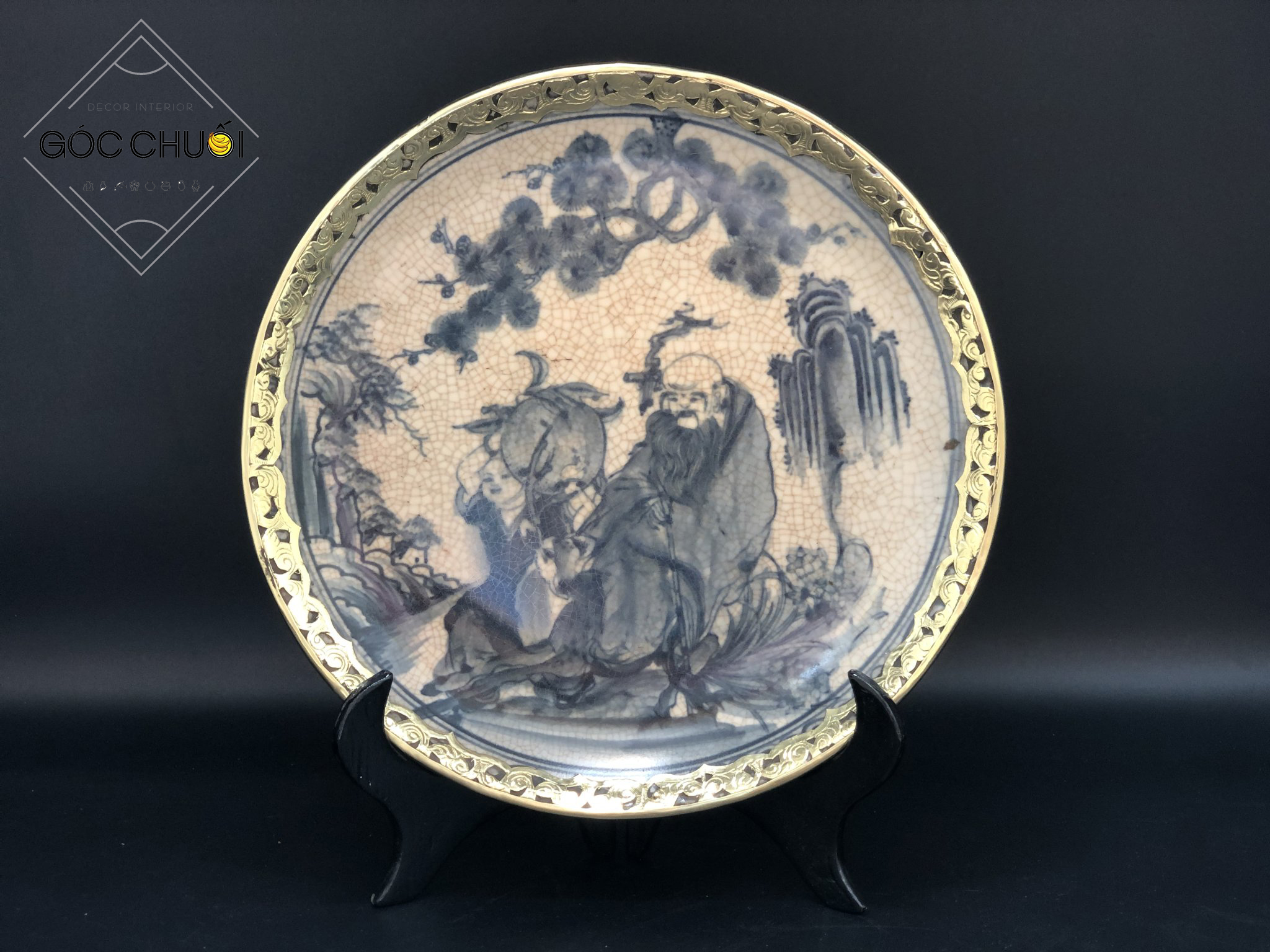 Đĩa trưng bày gốm giả cổ men rạn bọc đồng - gốm Bát Tràng - nhiều họa tiết - kích thước 35cm