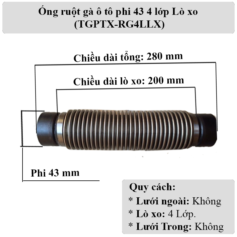 Ống ruột gà ống xả phi 43 (Đường kính 43) 4 lớp lò xo thép cho xe du lịch, xe tải nhỏ 750Kg