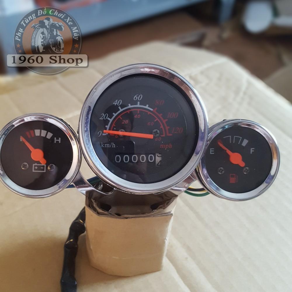 đồng hồ 3 cốc mạ inox có báo km báo xăng,báo bình điện Phù hợp độ Cafe Racer Tracker Win 67 Dream CUB và các loại xe máy
