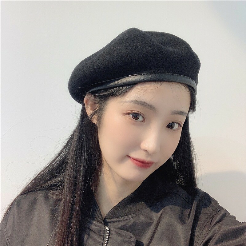 MŨ NỒI BERET NỮ, NÓN NỒI MŨ ULZZANG NÓN BERET DẠ MŨ BERET VIỀN DA CÓ DÂY NỚI CHỈNH