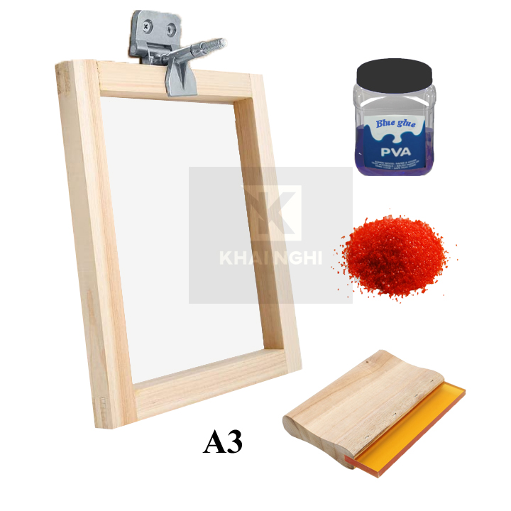 Bộ Kit in lụa Silk screen khổ A3 bao gồm: Khung lụa, keo xanh, chất nhạy sáng, dao gạt, kẹp khung