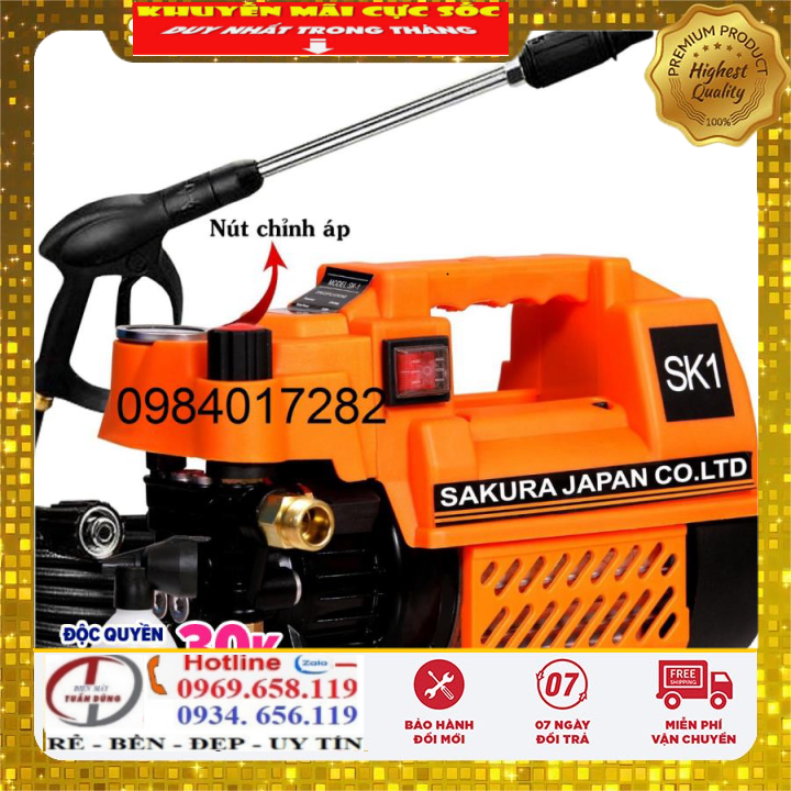 Máy rửa xe mini .chỉnh áp sakura. japan sk1. công suất 2400w. có chỉnh áp trên thân máy. máy xịt rửa xe máy. ôtô. máy lạnh. tặng kèm bình tạo bọt.sung dài