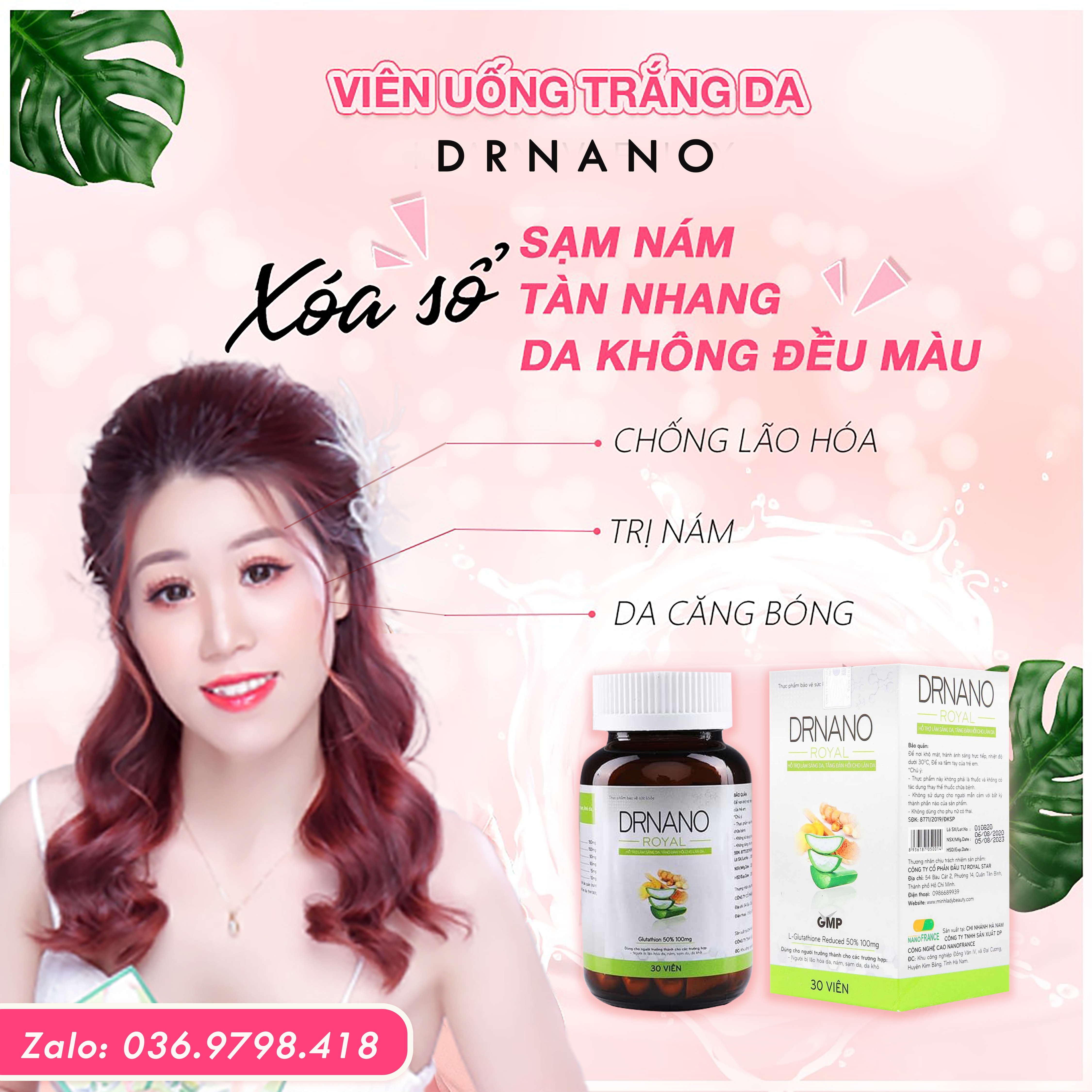 [Mua 1 Tặng 3] Viên Uống Trắng Da Nano Royal Minh Lady, Tặng Kèm Mặt nạ Vàng, Tặng Son Môi,Dưỡng trắng da toàn thân, chống lão hóa, mờ nám tàn nhang