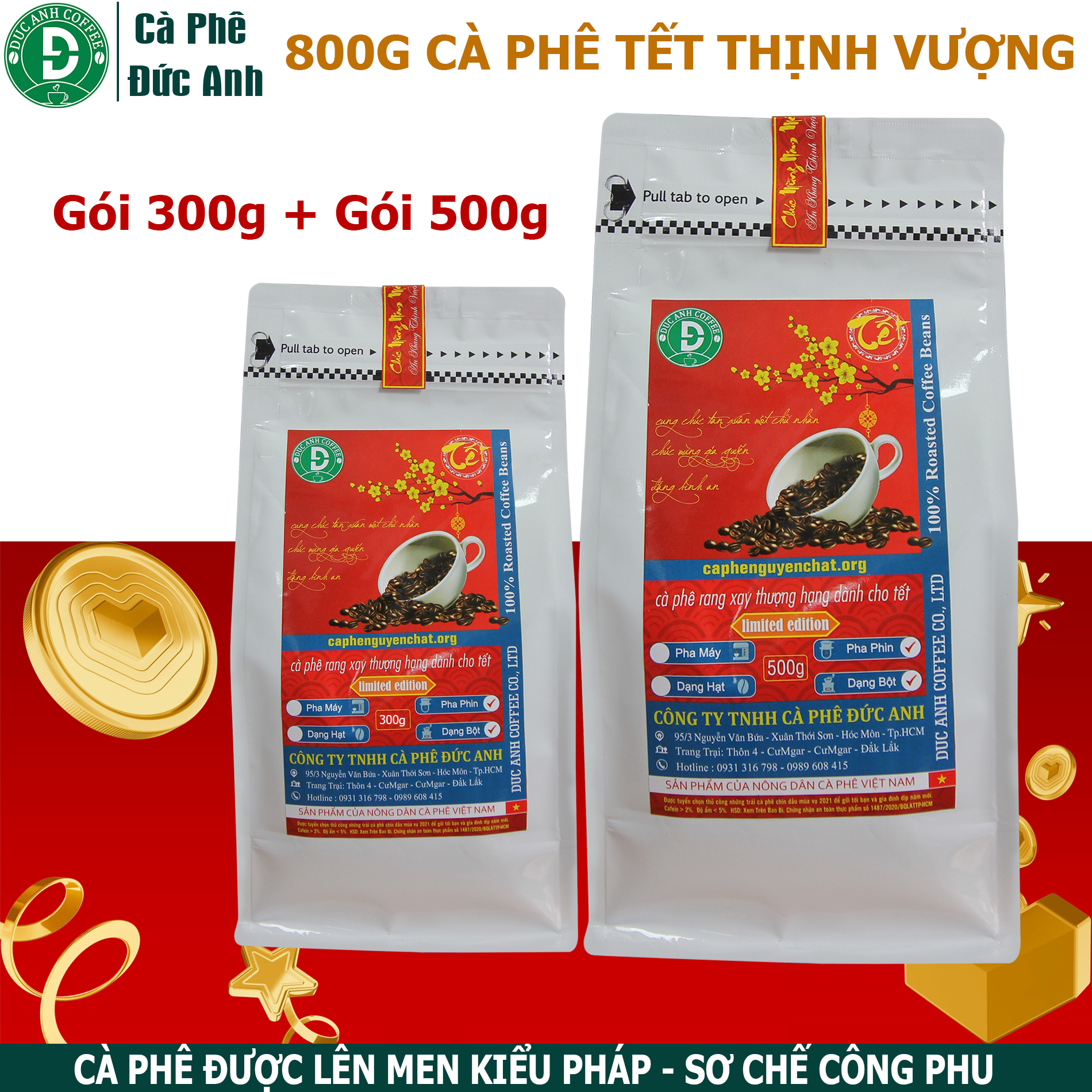 800g cà phê Tết Thịnh Vượng chọn lọc đặc biệt rang mộc hoàn toàn combo gói 500g và gói 300g Cà phê Đức Anh