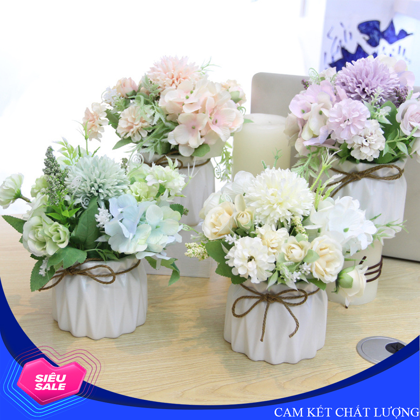 Hoa giả trang trí để bàn, hoa Macaron, chậu bằng sứ đẹp - HF004
