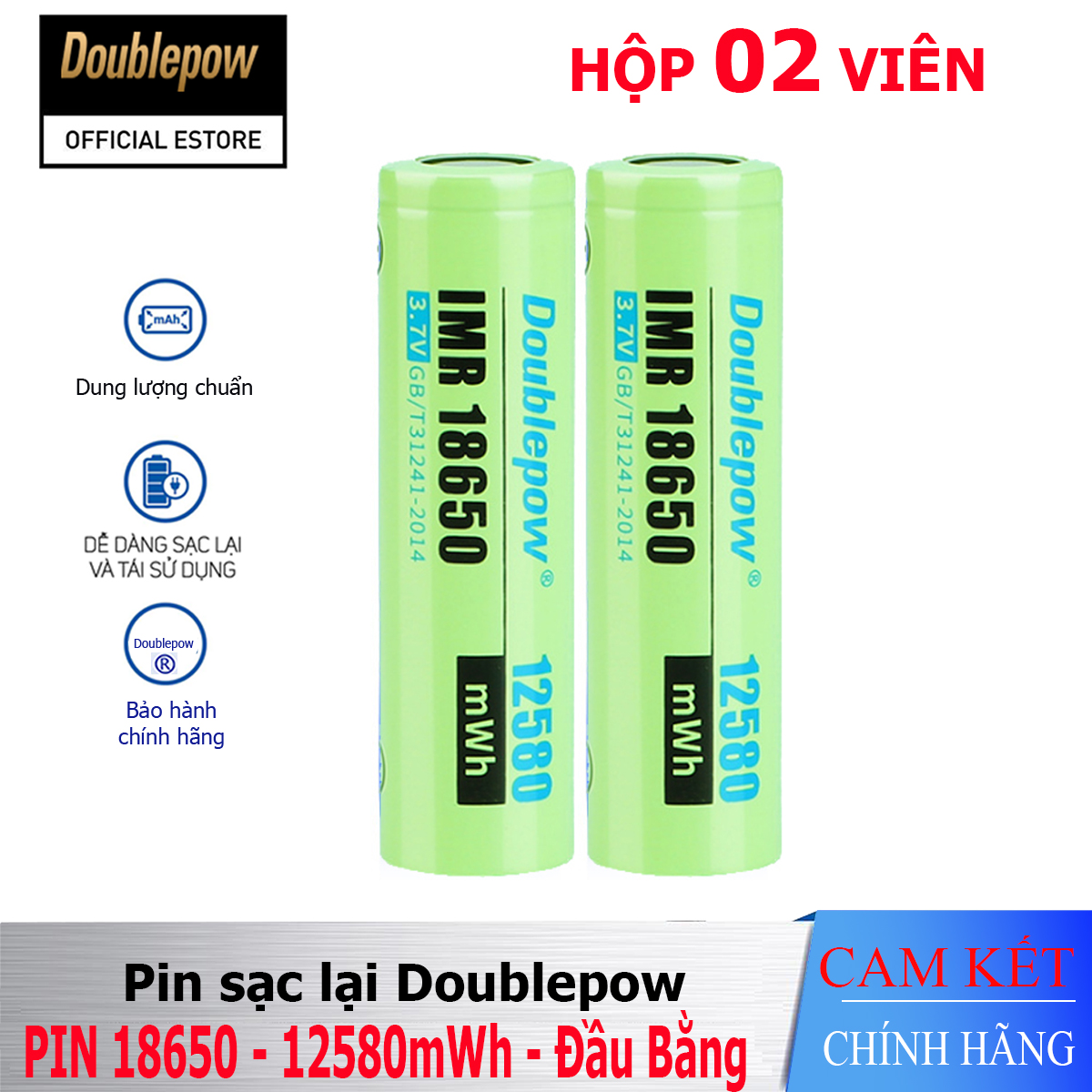 [Hộp 02 viên] Pin sạc Lithium 18650 - 12580mWh đầu bằng Doublepow, pin dung lượng thực