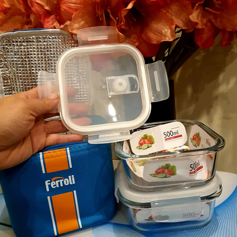 2 Hộp Thủy Tinh Ferroli 500ml - Bát Thuỷ Tinh Ferroli, Hộp Đựng Thức ăn, Hộp Đựng Thức Ăn Ferroli Chịu Nhiệt Tốt, Nắp Đậy Kín