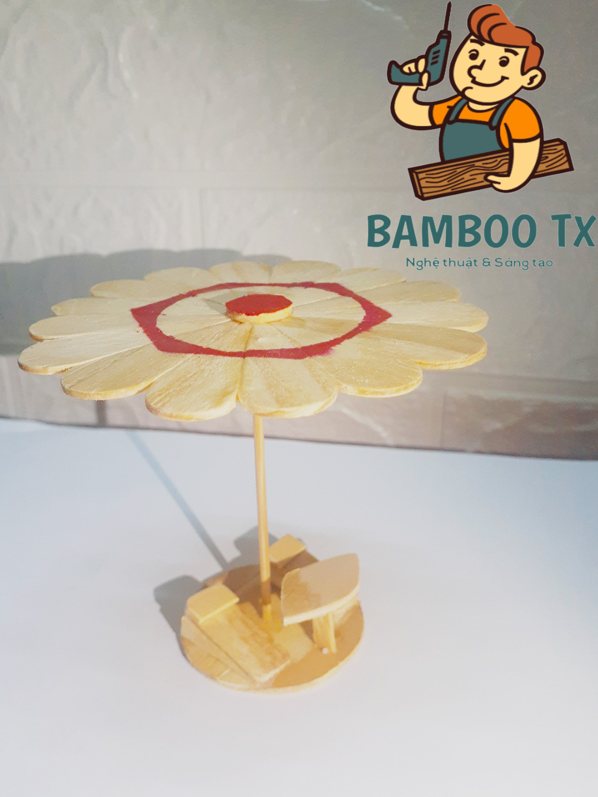 Tiểu cảnh tăm tre - Dù ngoài trời + Bàn ghế kết hợp Mô hình nhà tăm Handmade - Quà tặng handmade - Món quà ý nghĩa - Bamboo TX tieu canh 01