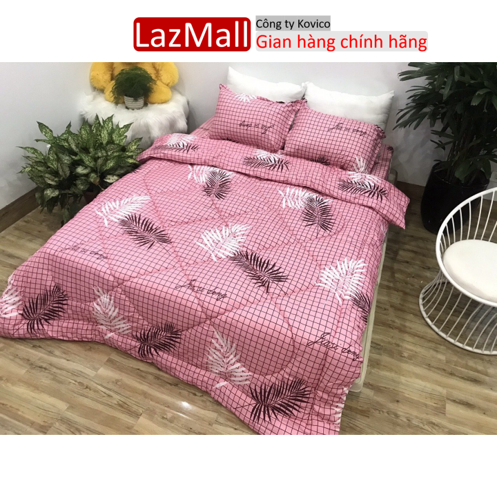 Bộ chăn phao ga gối kèm vỏ gối ôm cotton poly gồm 5 món mẫu lá trắng nền hồng Sunzin  Kho chăn ga gối, ga giường, drap giường