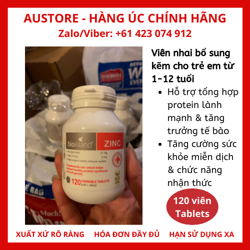 [Bill Úc] Bio Island Zinc 120 Chewable Tablets (for Children 1-12 years) -  Kẹo nhai Bio Island bổ sung kẽm cho bé từ 1-12 tuổi