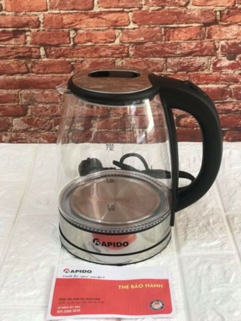Ấm thủy tinh, Ấm đun nước mini, Ấm siêu tốc tiết kiệm điện, Bình Đun Siêu Tốc Rapido RK1818 An Toàn và Chịu Va Đập Cao, Bảo Hành 12 Tháng