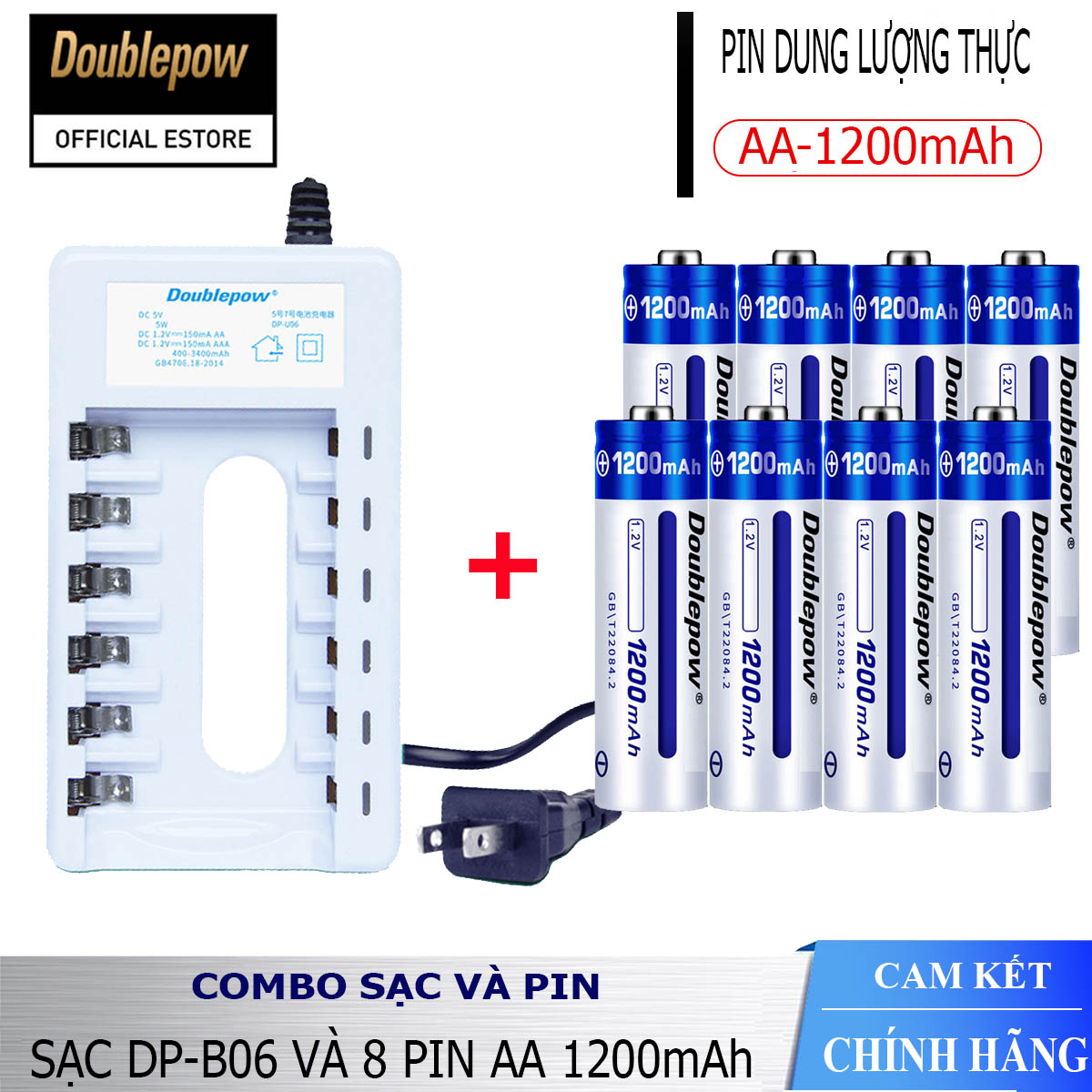 Combo sạc pin tiểu AA AAA DP-B06 và 08 viên pin AA 1200mAh (có hộp đựng pin) Doublepow - Hàng chính hãng