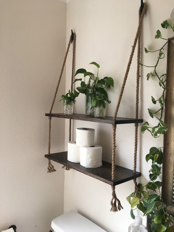 Kệ 2 Tầng Treo Tường Bằng Dây Thừng Trang Trí Gỗ Thông Tự Nhiên - Kích Thước DxR: 45x12cm (Kệ không bao gồm các sản phẩm khác)