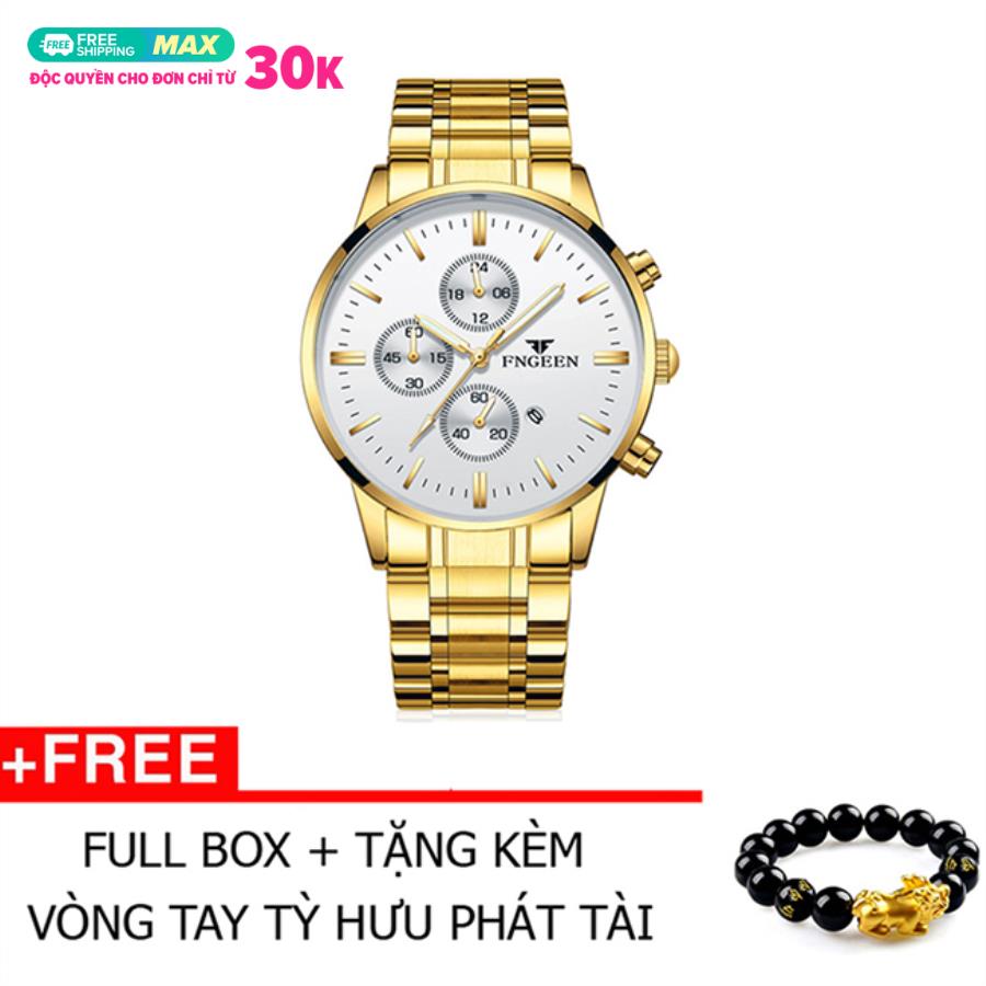 Đồng hồ nam thời trang chống nước FNGEEN có lịch ngày Tặng vòng tay Tỳ Hưu (Vàng)