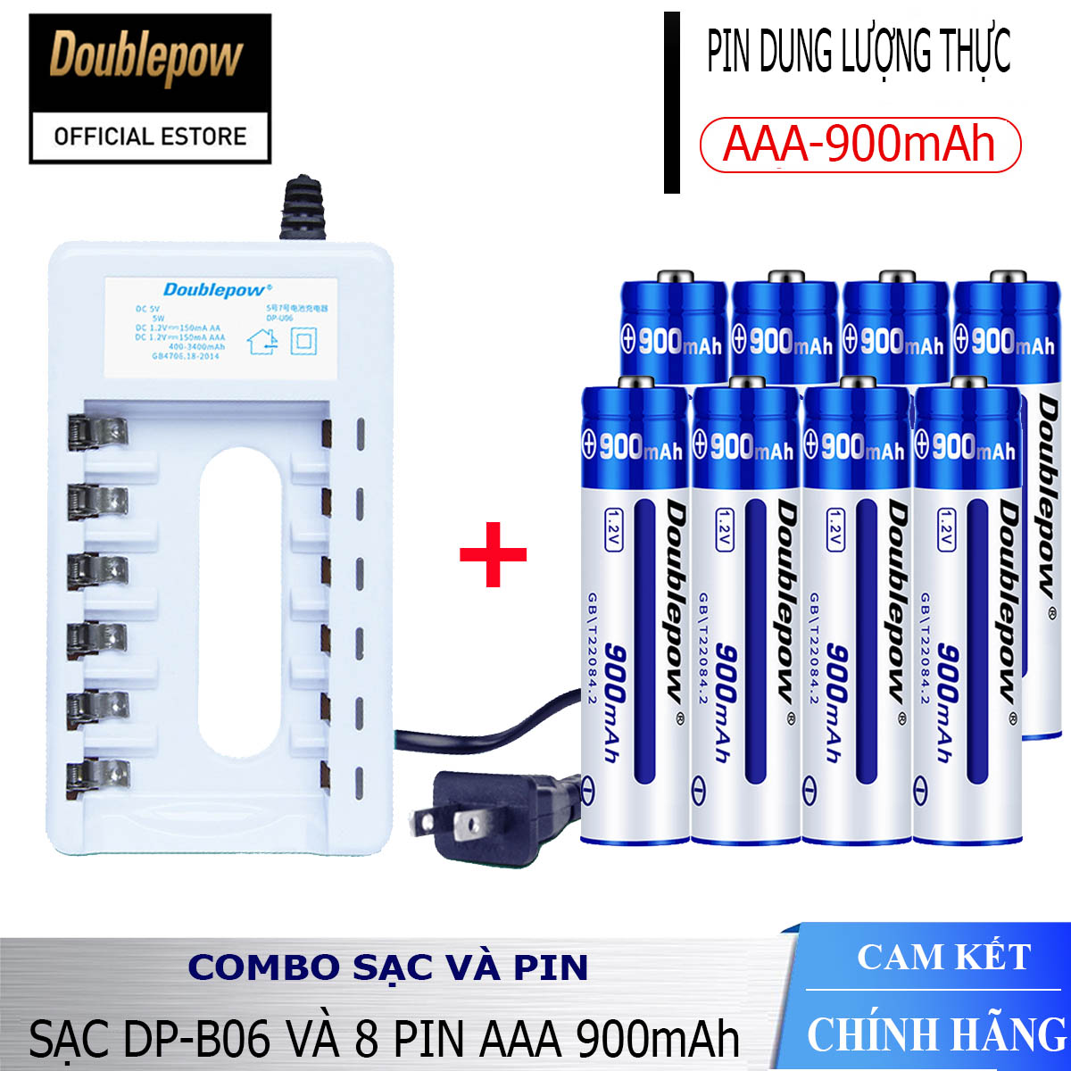 Combo sạc pin tiểu AA AAA DP-B06 và 08 viên pin AAA 900mAh (có hộp đựng pin) Doublepow - Hàng chính hãng