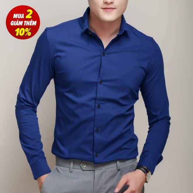 Áo sơ mi nam dài tay dáng ôm body NF vải lụa Thái không nhăn màu Xanh Coban