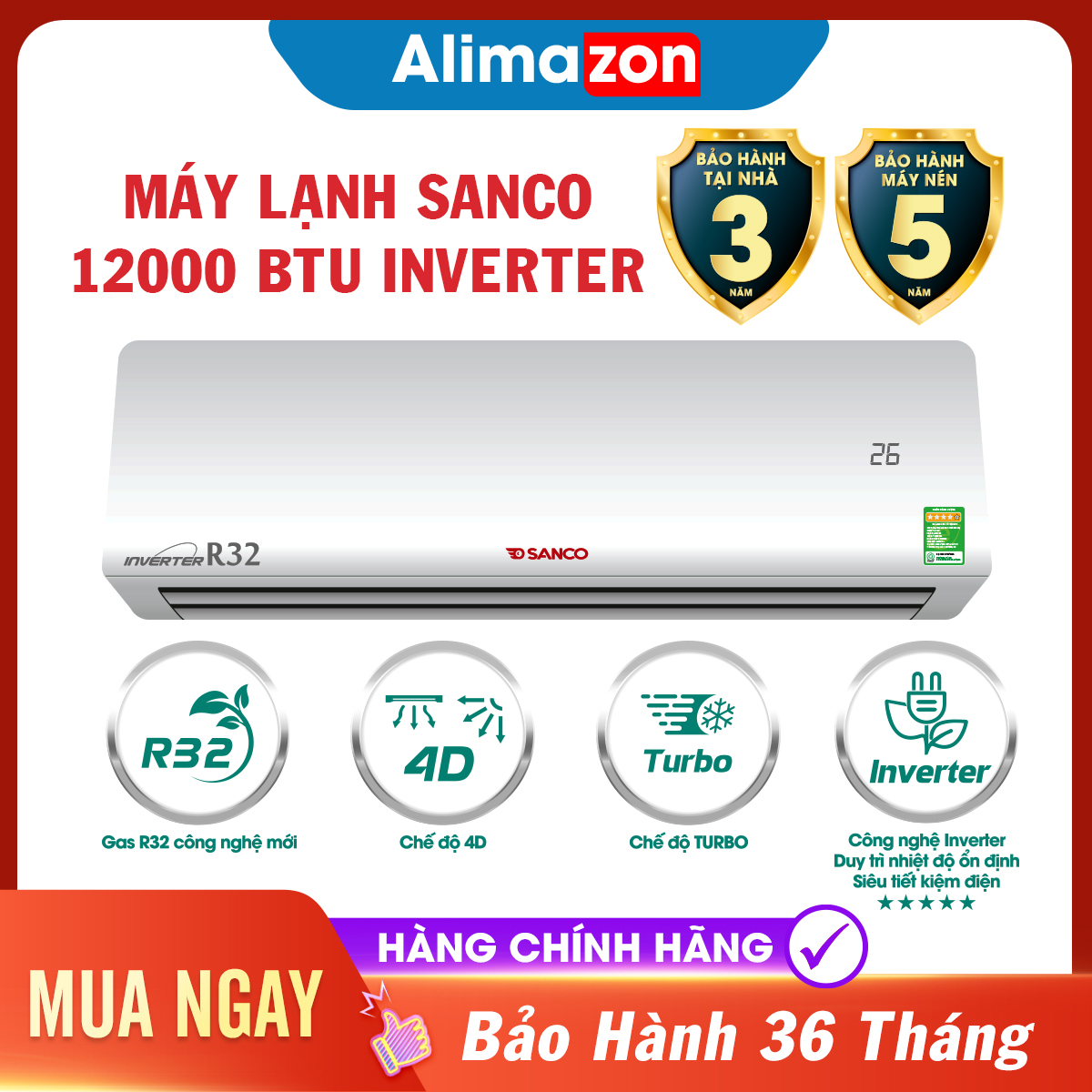 Máy lạnh inverter sanco 1.5hp - model si500dc12 công suất 12000btu gas r32 máy lạnh giá rẻ chất lượng lắp đặt miễn phí tại hcm - bảo hành 3 năm