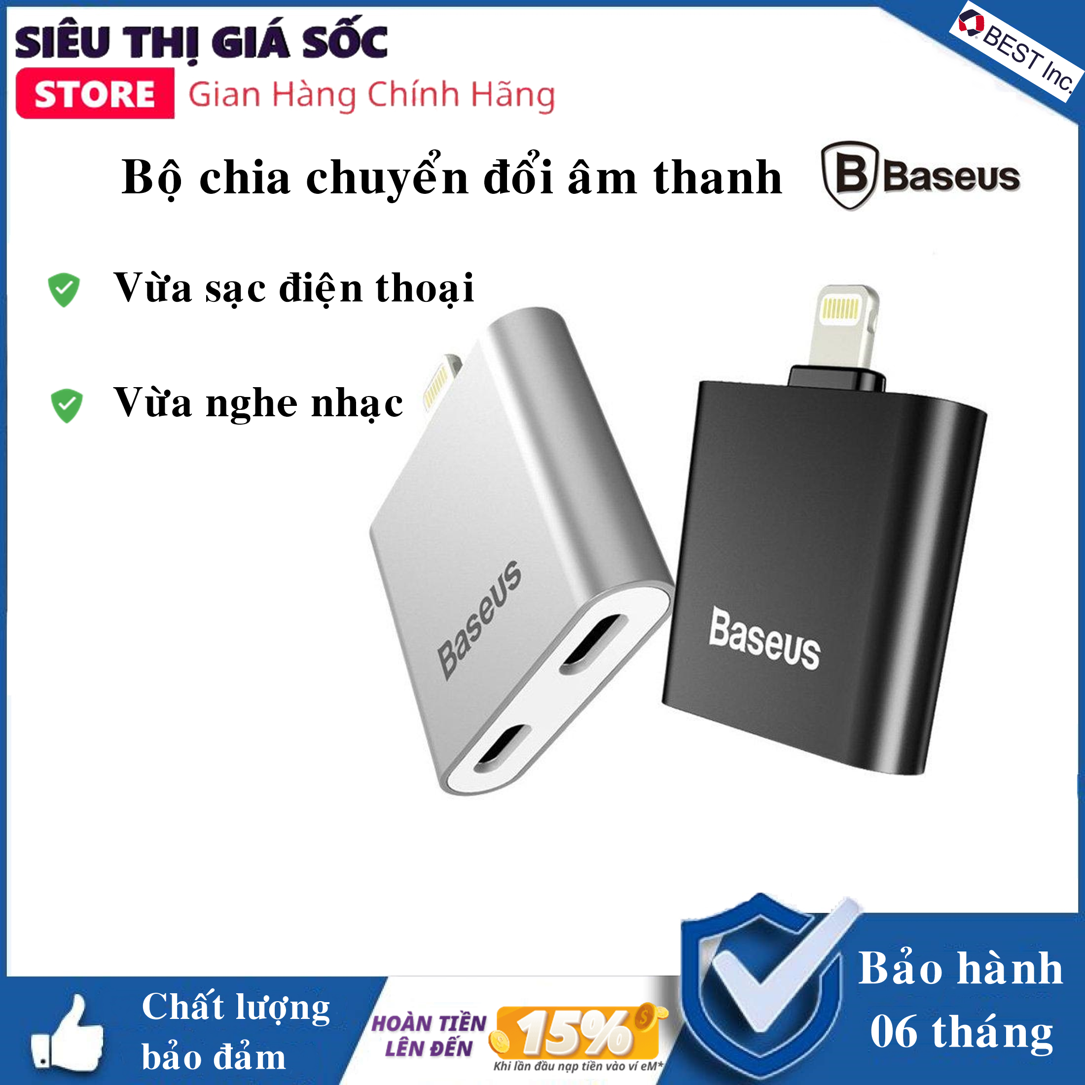 Bộ chia chuyển đổi âm thanh Baseus L39 2 trong 1 Lightning ra cổng tai nghe và cổng sạc cho iphone 7,8, iphone X