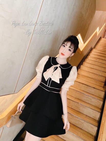Đầm xòe 2 tầng đính nơ cổ phối tay búp xinh xắn