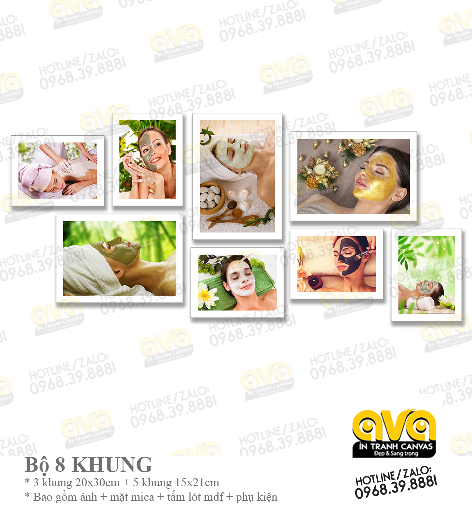 Bộ 8 khung ảnh spa mát xoa đắp mặt, dưỡng da, làm trắng vá sáng da