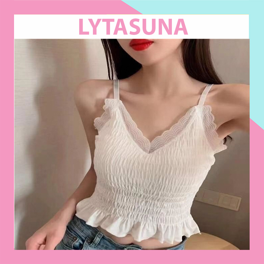 Áo 2 Dây Croptop Viền Ren Nhún Bèo Hot 2D01