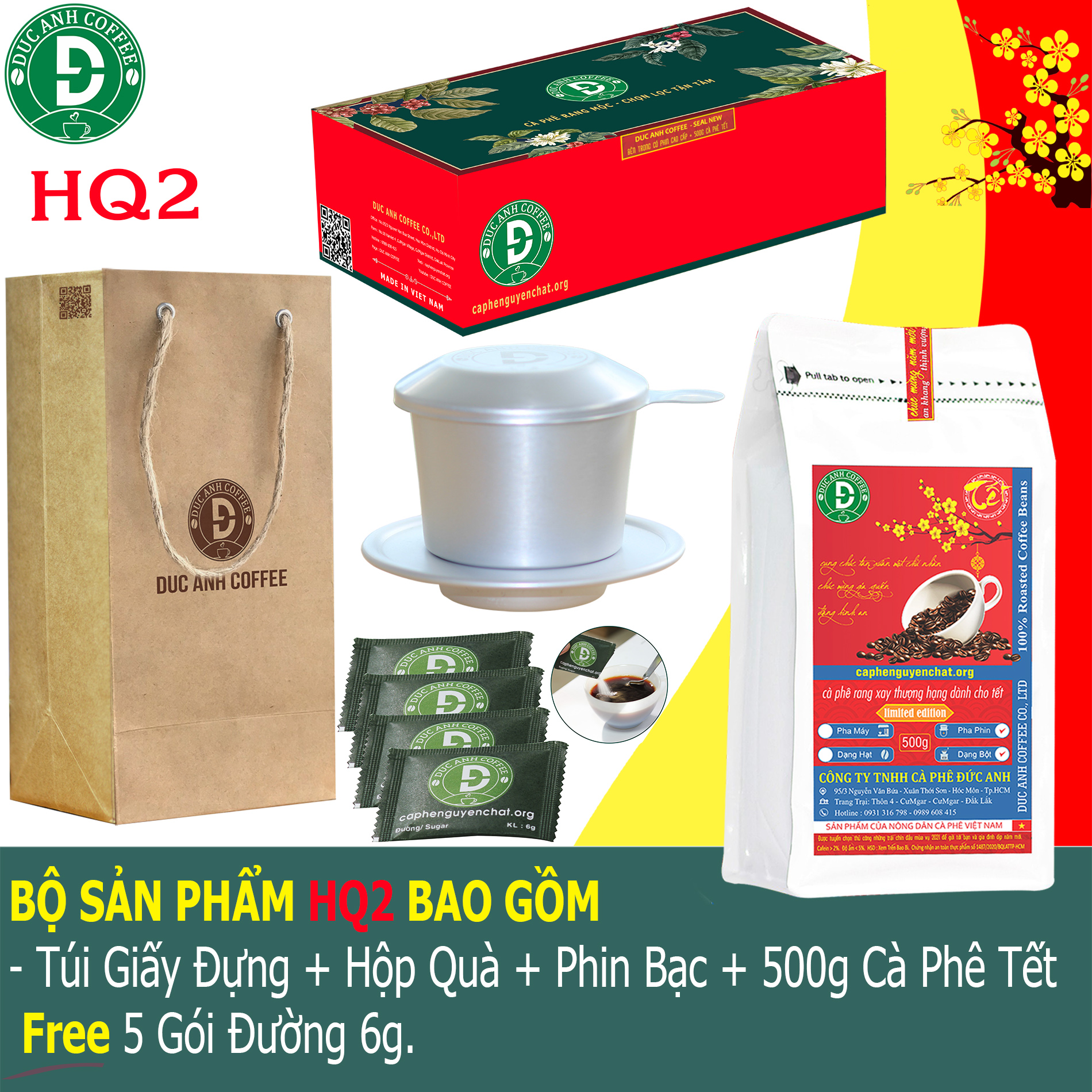 Gói 500g cà phê phiên bản tết đặc biệt và phin bạc cao cấp duc anh coffee - sản phẩm lựa chọn trái chín, lên men đầu mùa vụ mới cafe ngon nguyên chất đến từ đắk lắk