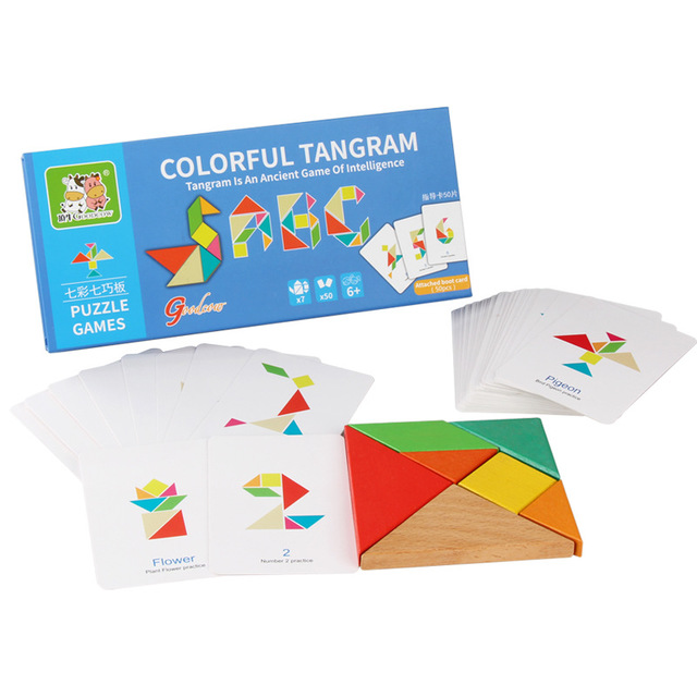 Đồ chơi giáo dục, Ghép Hình Tangram rèn kỹ năng Tư Duy logic cho bé ( 50 thẻ in hai mặt với 100 bài toán +7 miếng ghép hình khối)
