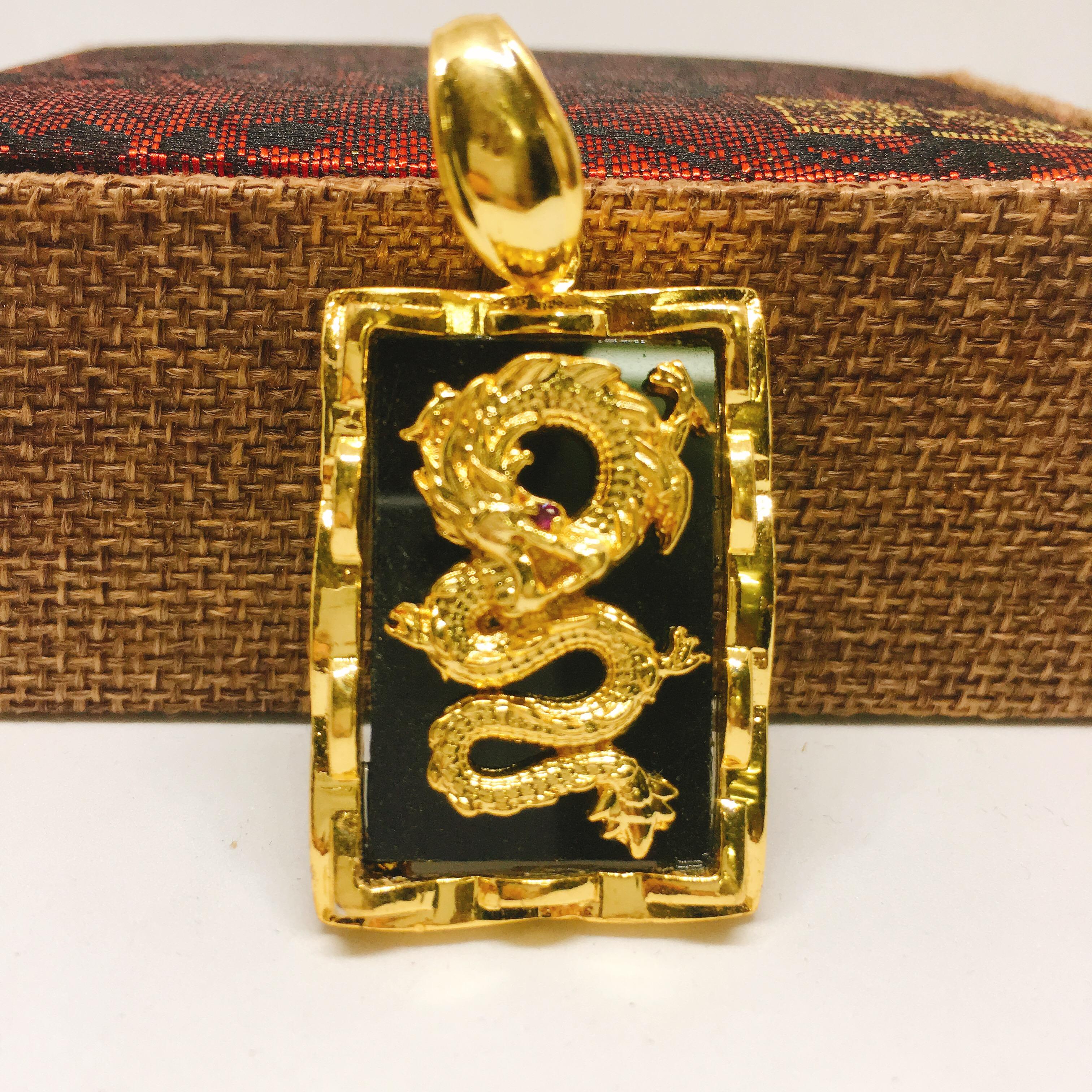 Mạ vàng 18k Mặt dây chuyền bạc Thái mạ vàng Thiên Long đen, mặt vòng cổ phong thủy, mặt dây chuyền vàng