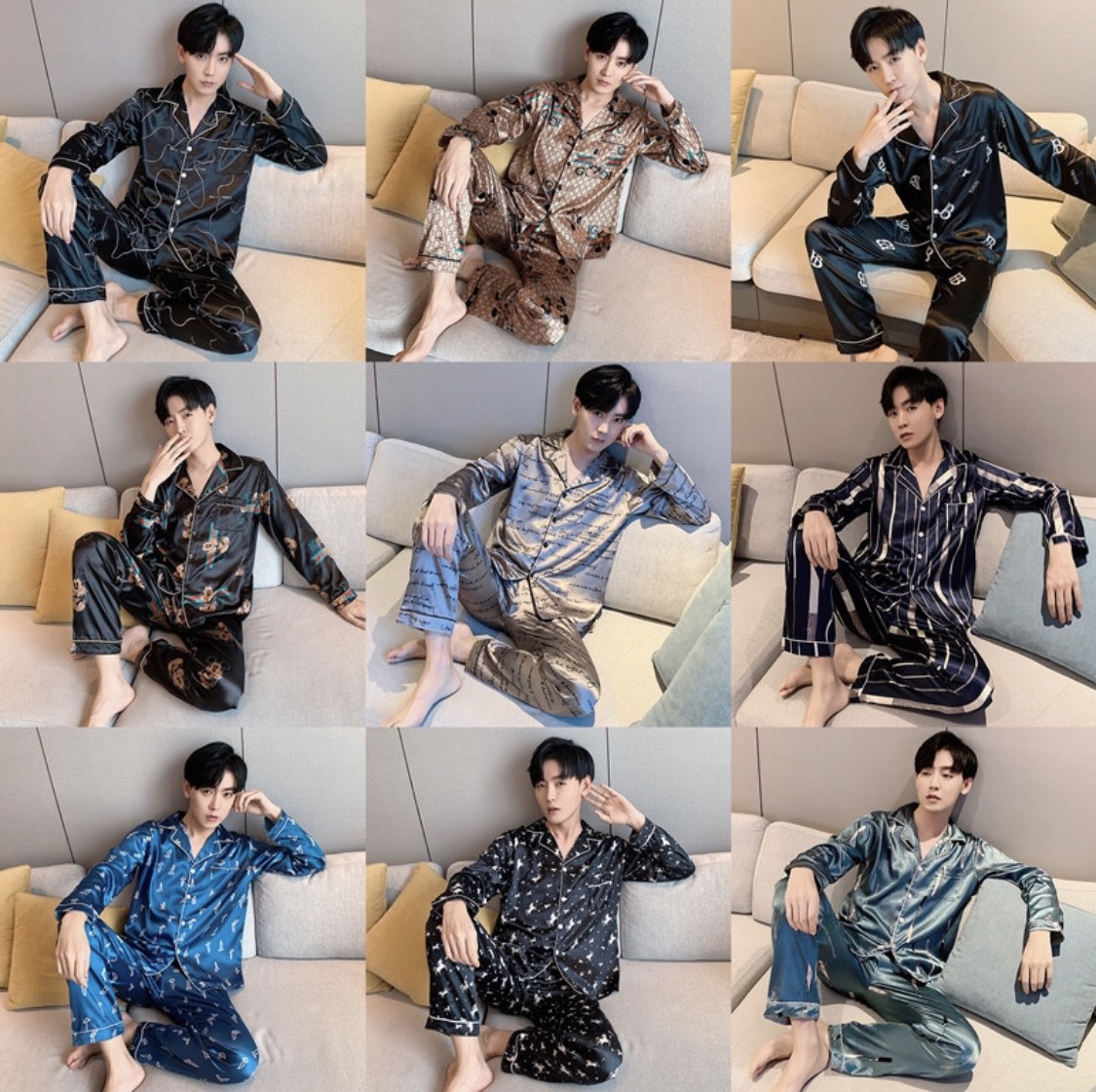Đồ ngủ pijama dài tay dành cho nam nữ chất lụa hàng quảng châu cao cấp