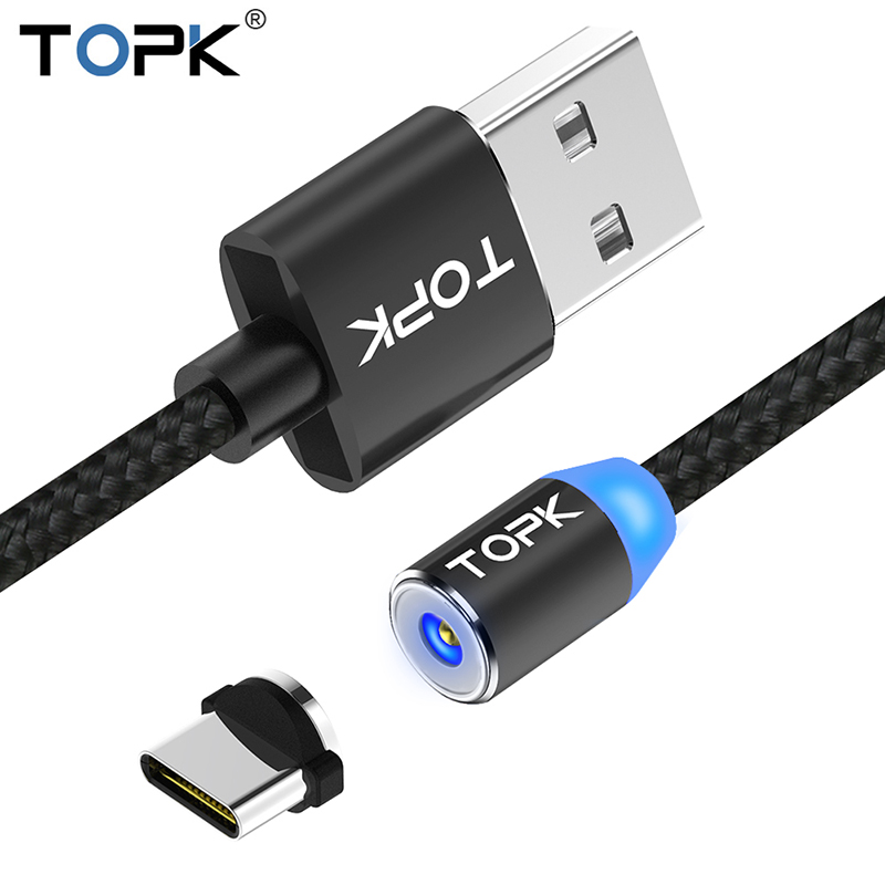 Dây Cáp Sạc Từ Tính Tiện Dụng có đèn báo TOPK AM23 Cổng Micro USB Type-C Lighting cho Iphone Samsung Xiaomi - Hàng chính hãng