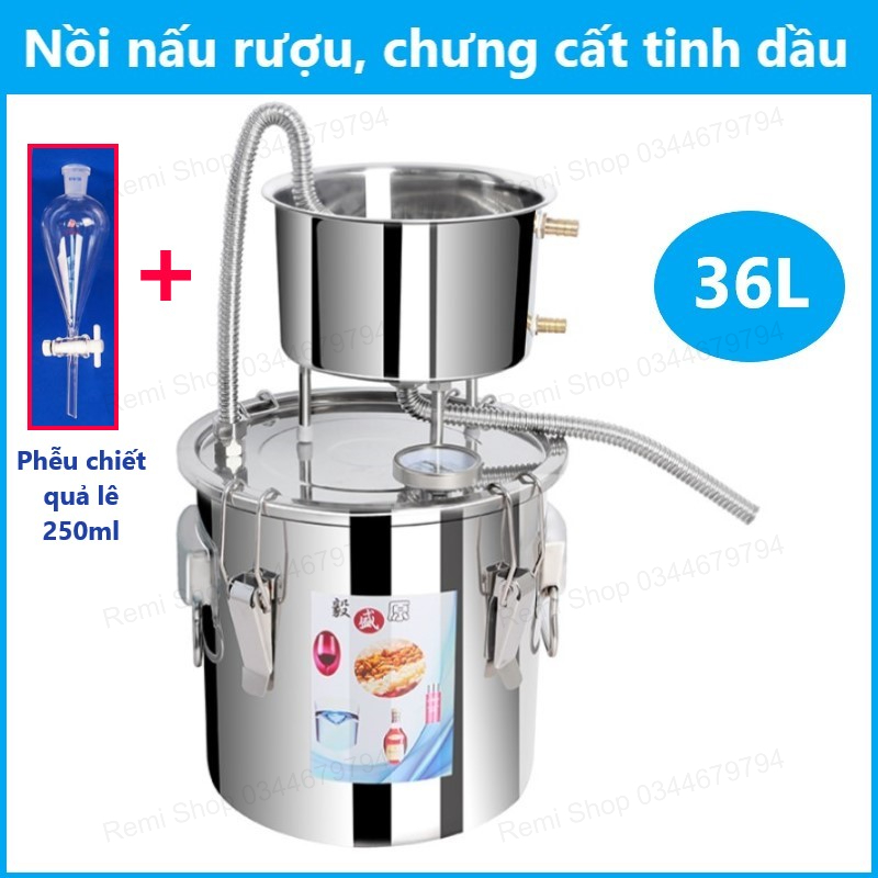 Bộ nồi nấu rượu INOX 36L (tặng phễu chiết, máy bơm mini, bộ đo độ rượu, 3 loại men rượu) bộ nồi chưng cất tinh dầu nước hoa hồng đa năng 36cm dùng với bếp điện bếp từ bếp gas bếp củi Nồi hấp xôi ủ lên men rượu nồi luộc gà