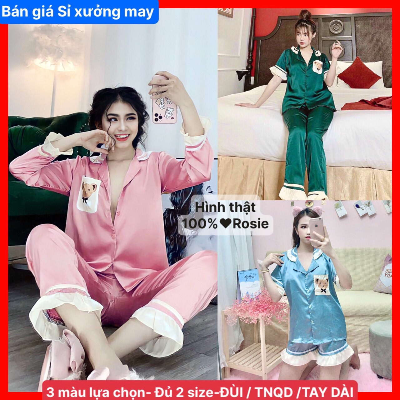 Bộ pijama lụa satin gấu xinh xắn 2 size 3 màu lựa chọn ❤️ lụa mềm mại ❤️ freesize ❤️ bigsize ❤️ pizama ❤️ bộ ngủ nữ ❤️ bò sữa ❤️ gấu bear ❤️ kute ❤️ lụa cao cấp ❤️ rosie ❤️ xưởng