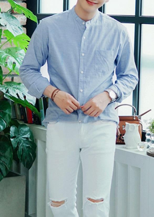 Áo sơ mi nam cổ trụ style Hàn Quốc