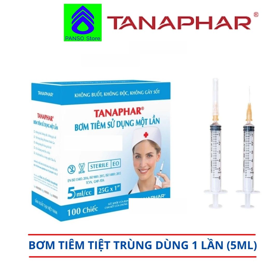 Gói 1 cái Bơm tiêm Tanaphar - Bơm kim tiêm Xilanh sử dụng một lần 5ml/cc Tanaphar chính hãng (kim 25g) được khử trùng bằng khí E.O, vạch chia dung tích rõ nét chính xác, kim tiêm có nắp chụp bảo vệ, không gỉ - PANSO STORE