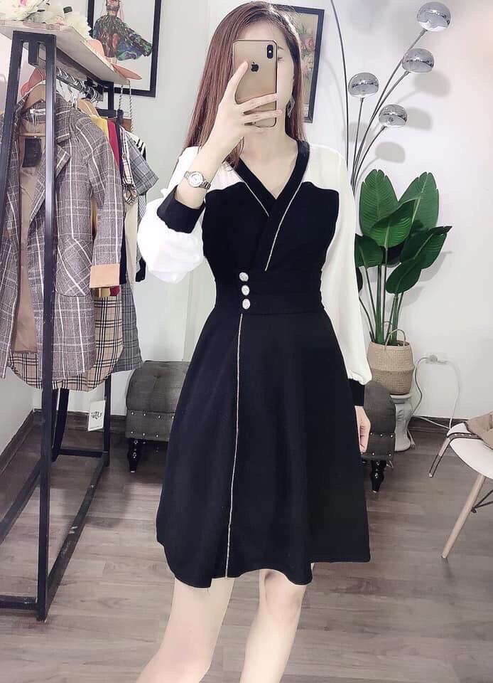 [HCM]ĐẦM ĐEN XÒE PHỐI TAY TRẮNG ĐÍNH NÚT NHẸ NHÀNG