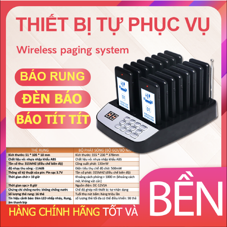 Bộ thiết bị tự phục vụ 16 thẻ | Thẻ rung gọi lấy đồ uống ivn030 chip order cho quán cà phê trà chanh trà sữa nhà hàng