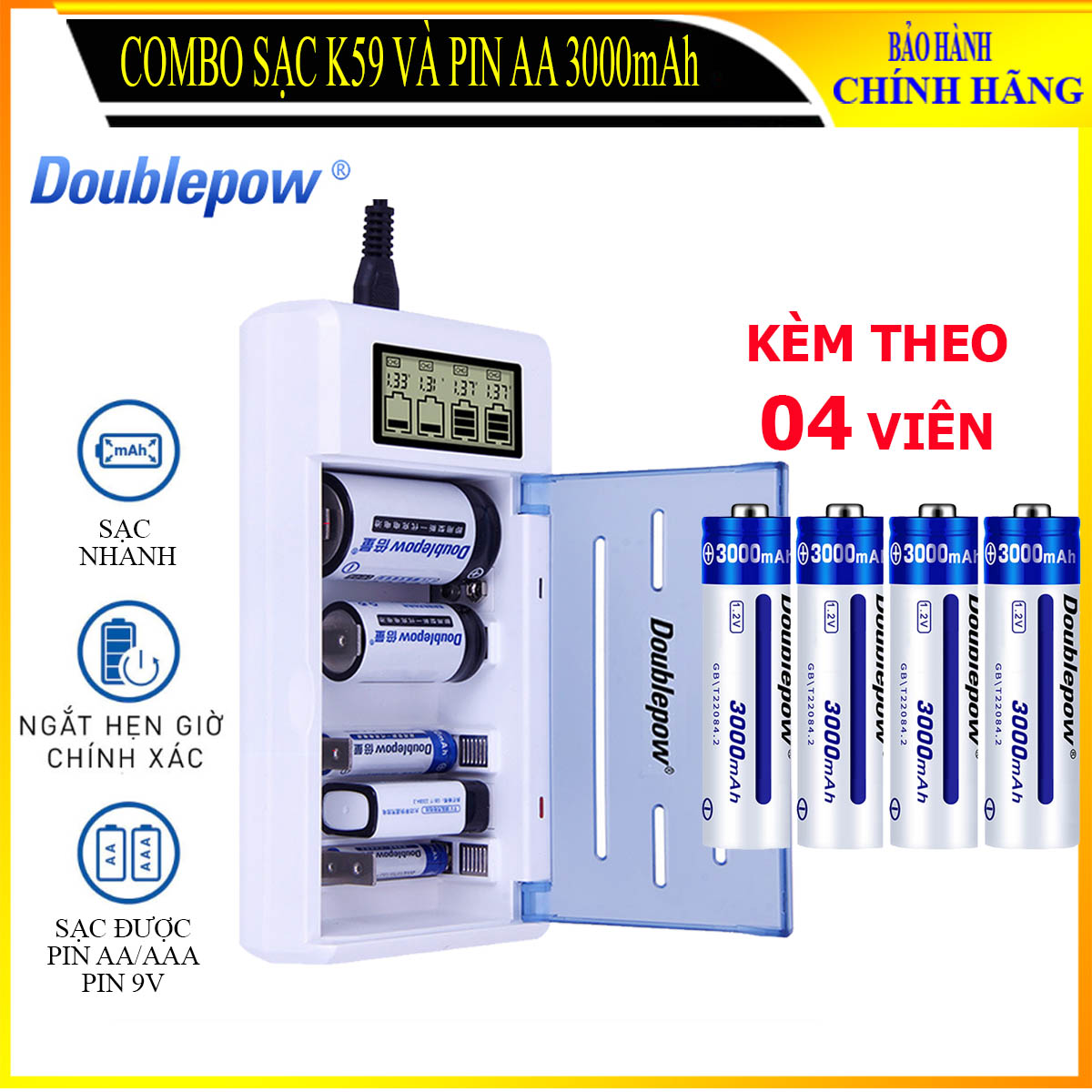 Combo sạc pin thông minh tự ngắt DP-K59 và 4 viên pin AA 3000mAh (pin xanh - dung lượng thực)-