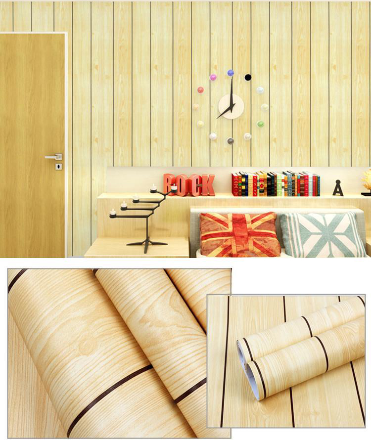 Combo 10m giấy dán tường giả gỗ vàng sọc có keo sẵn.
