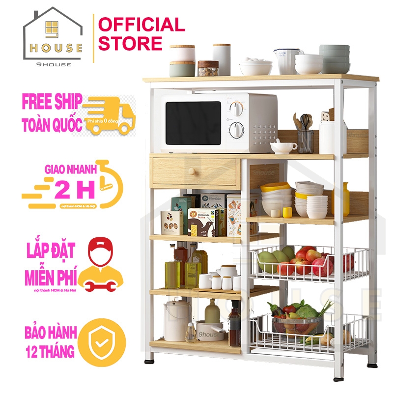 Kệ để lò vi sóng 195 9House loại có ngăn kéo kèm rổ mẫu kệ bếp đa năng để lò nướng nồi cơm điện loại khung sắt dày tĩnh điện chống rỉ mặt gỗ MDF lõi xanh phủ melamine chống thấm nước cao cấp sản xuất tại Việt Nam