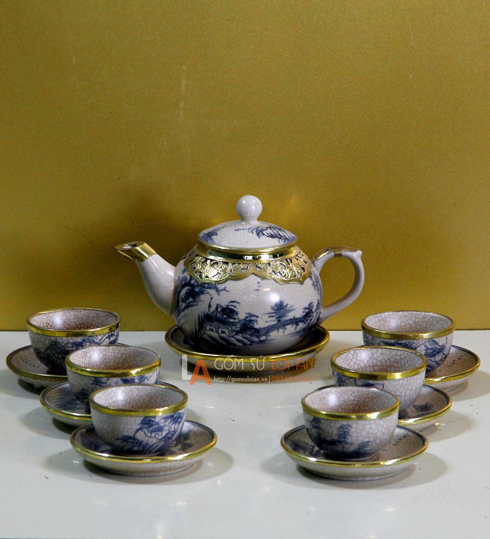 Bộ bình trà Hoa Nhài Men Rạn Bọc Đồng Vẽ Sơn Thủy 400ml - Quà tặng tân tiên, tân gia cao cấp