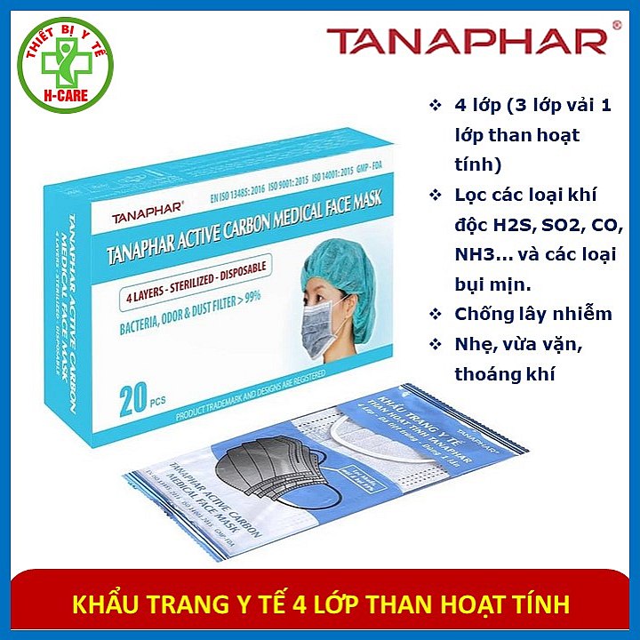 Khẩu trang y tế 4 lớp than hoạt tính tiệt trùng Dược Tân Á (Tanaphar), chống khí độc, kháng khuẩn, chống lây nhiễm,  bụi mịn -  Hộp 20 chiếc [TBYT H-care]